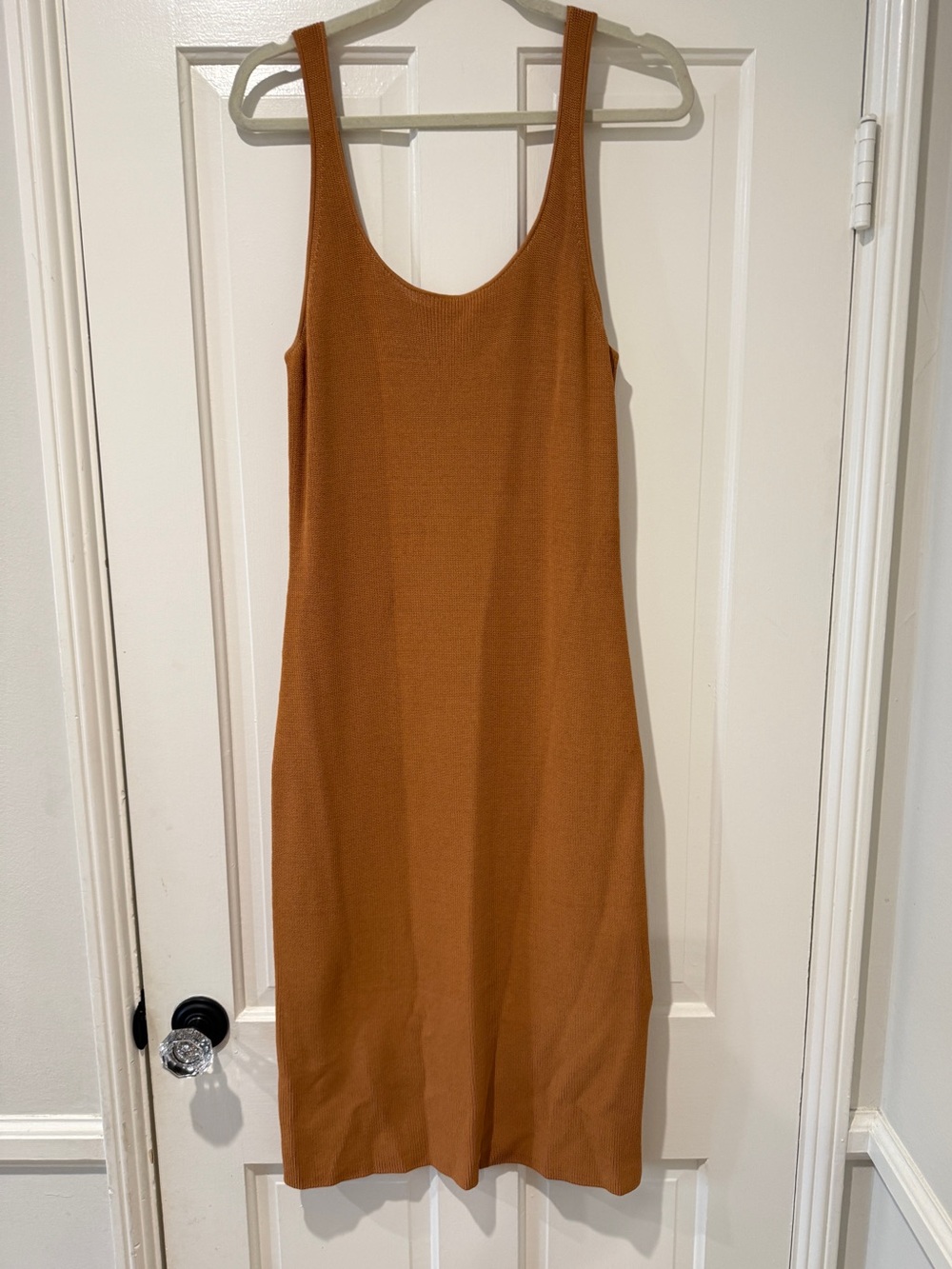 Leith sleeveless knit midi sweater dress burnt orange brown scoop neck